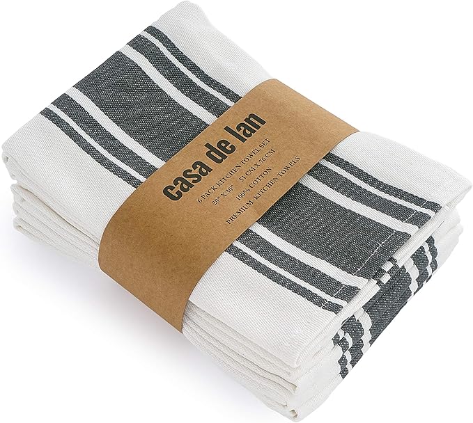 Kitchen Towels Set – Pack of 6 (20’’ x 30’’) Extra Large Premium Cotton Dish Towels for Kitchen – Super Striped Towels – Absorbent – 100% Cotton – with Hanging Loop – Dark Grey