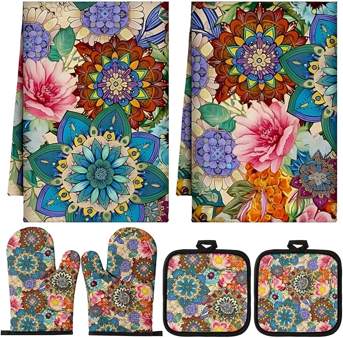 Jingmore 6 Pcs Kitchen Decor Set Accessory Farmhouse Kitchen Towels Pot Holders Oven Mitts Set 2 Dish Towels 2 Pot Holders 2 Cooking Mittens Oven Glove for Cooking(Colorful,Boho Floral)