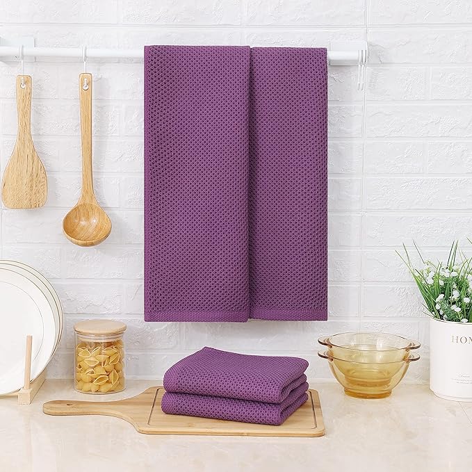 Kitinjoy 100% Cotton Waffle Weave Kitchen Hand Towels (13 x 28 Inches, Violet), 4-Pack Super Soft and Absorbent Dish Towels for Drying Dishes