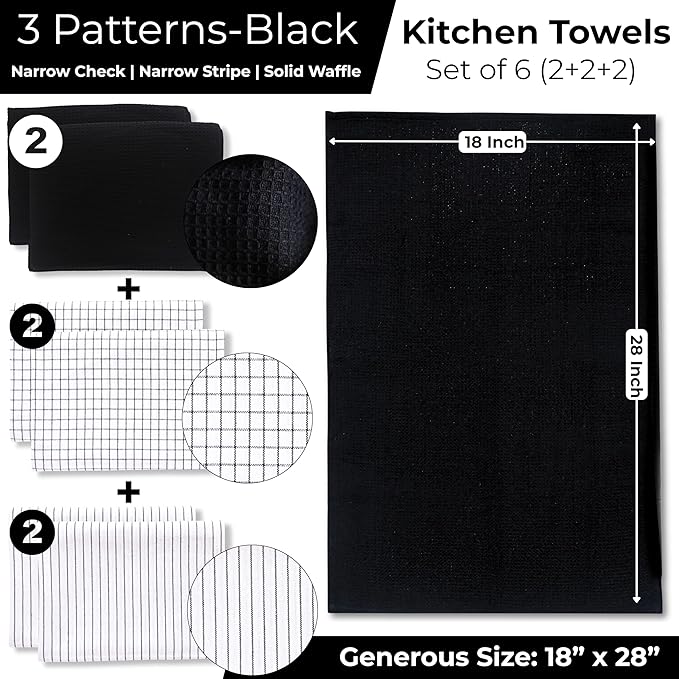 Highly Absorbent Cotton Kitchen Towels for Drying Dishes - Set of 6 Dish Towels - Narrow Black Stripes Plaid Waffle Dishtowels - 18"X28" Large Lint Free Linen Tea Hand Bulk T Towls