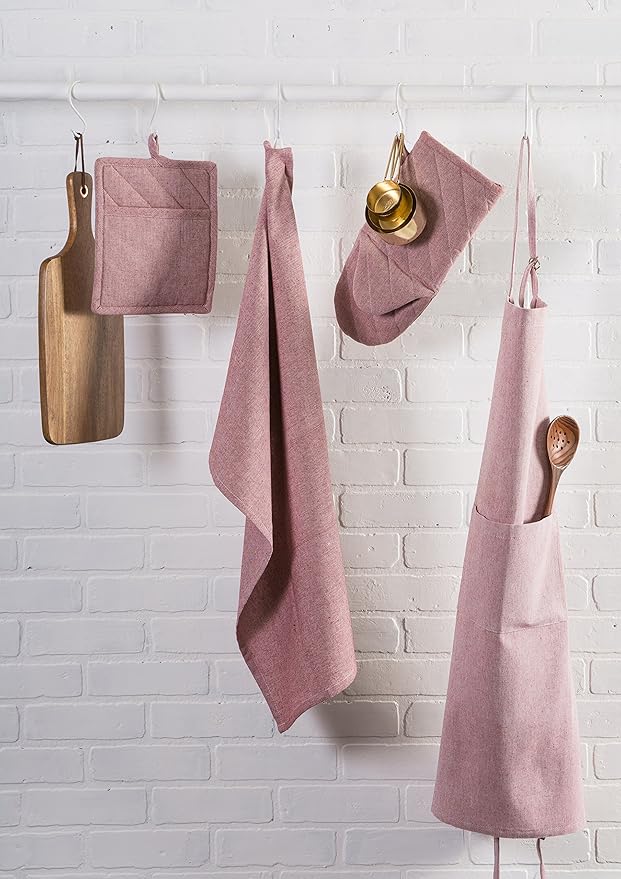 DII 100% Cotton Solid Chambray Kitchen Set, Potholders, Barn Red, 2 Piece