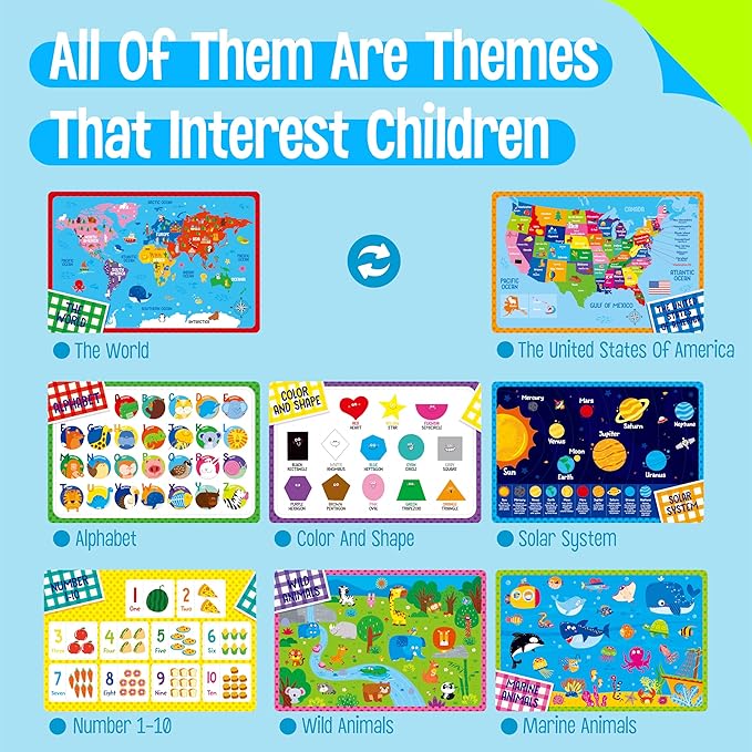4 Pack Placemats for Kids, Non-Slip Washable Table Mats, Double-Sided Reusable Universe, Alphabet, Numbers, Map of USA & World Educational Placemats for Home, Kindergarten, Classroom, Nursery