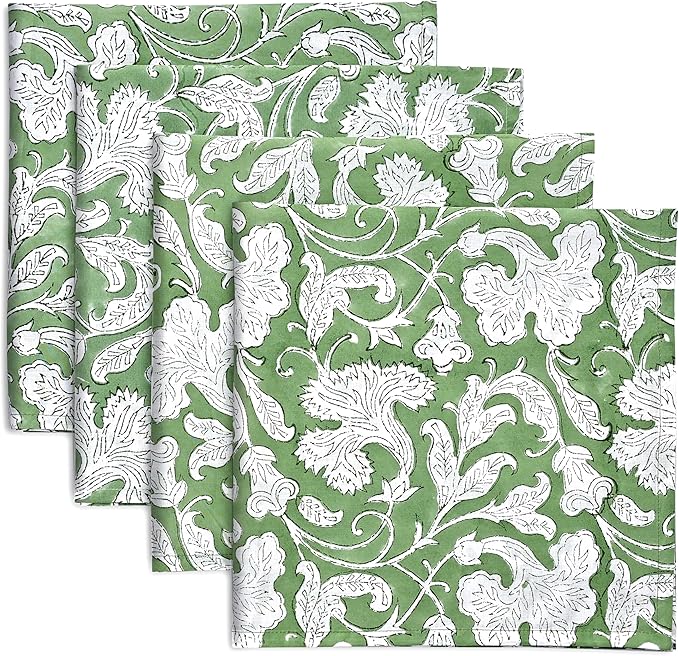 Ridhi Sage Green Hand Block Print 100% Cotton Napkins 18" x 18" (Set of 4) Reuseable Kitchen Napkins Cloth Decor Dinner Party Wedding Cocktail Gift for Spring, Easter, Valentine