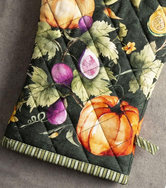 Maison d' Hermine Oven Gloves 100% Cotton Oven Mitt 7" x 13" with Loop Heat Resistant Cooking Gloves for Thanksgiving Christmas Decorations Handling Hot Pans (Pack of 1, Pumpkin Garden - Dark Green)