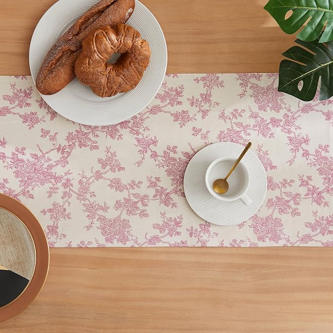 100% Cotton French Pastoral Table Runners, 13x36 Inch Pink Farmhouse Table Runners 36 Inches Long, Vintage Flowers Print Home Decors