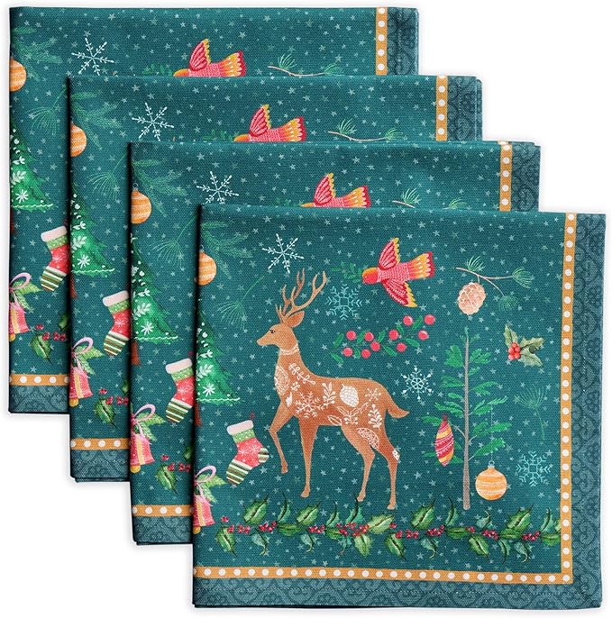 Maison d' Hermine Cloth Napkins Set of 4 100% Cotton for Thanksgiving Christmas Decorations Everyday Reusable Square Fall Napkins Cloth Washable Dinner Party (Hygge Christmas, 20"x20")
