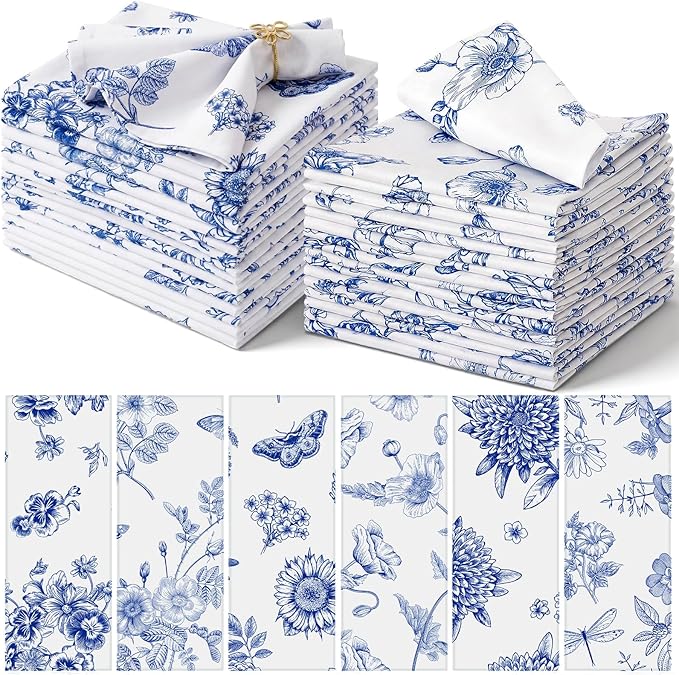 Nuogo 36 Sets Chinoiserie Blue and White Cloth Napkins 15" x 15" Oriental Blue and White Dinner Napkins Reusable Cloth Hand Towels for Guest Chinese Style Wedding Dinner Table Decor