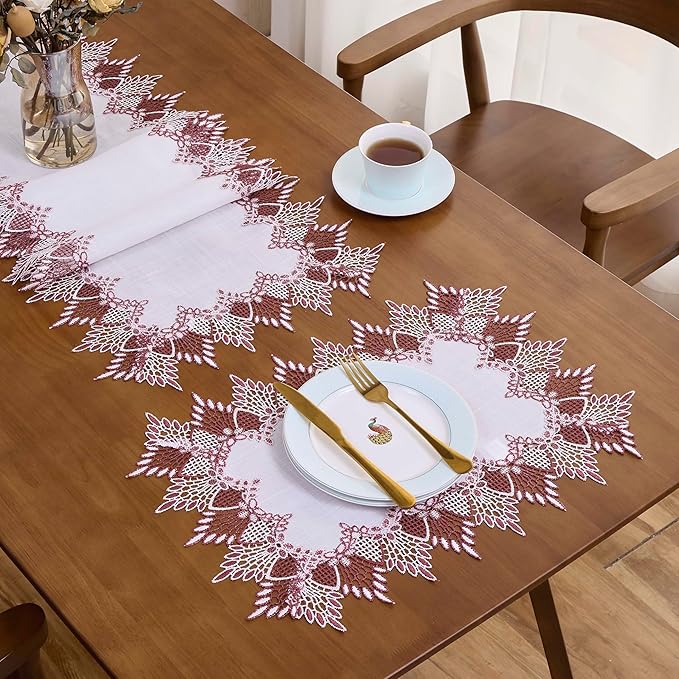 White Dark Red Linen Lace Placemats 14”x20” Set of 2 Coffee Table Topper Dresser Scarf Place Mats (Set of 2, Dark Red)