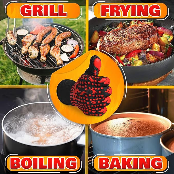 BBQ Gloves - 1472 °F 6 Sec. Heat Resistant Gloves for Cooking Made of Aramid Fabric with Anti-Slip Silicone, Double-Layer Insulation, and Elastic Band - for Grilling, Baking and Kitchen Use