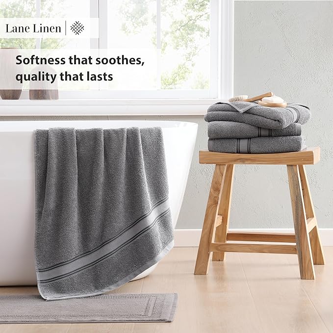 LANE LINEN 100% Cotton 4 Pack Bath Towels Set (30"x60") - Zero Twist, Large Cotton Towels for Bathroom - Quick Dry, Soft & Absorbent Bath Towel Set - Remains Soft After Multiple Washes - Cool Grey
