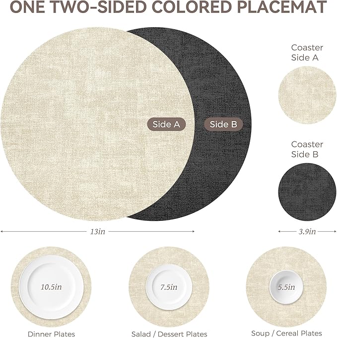 13" Round Placemats Set of 4, NCUE Dual-Sided Faux Leather Heat Resistant Table Mats, Waterproof Oilproof Washable Protective Table Placemats with Coaster, Wipeable Vinyl for Indoor & Outdoor Use