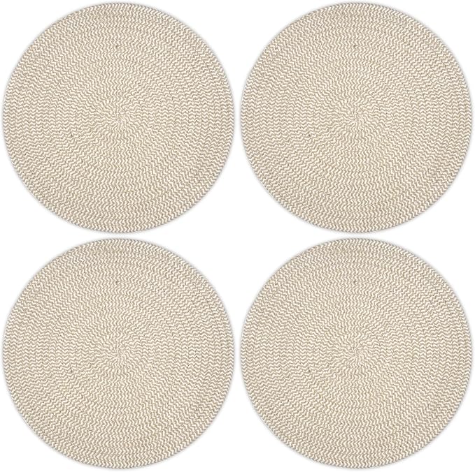 Encasa XO Dining Placemats Set of 4 | Cotton Round Table Mat - 13 in Diameter | Beige & Off White Mix | Handmade Rib Style Chargers for Dinner Plates