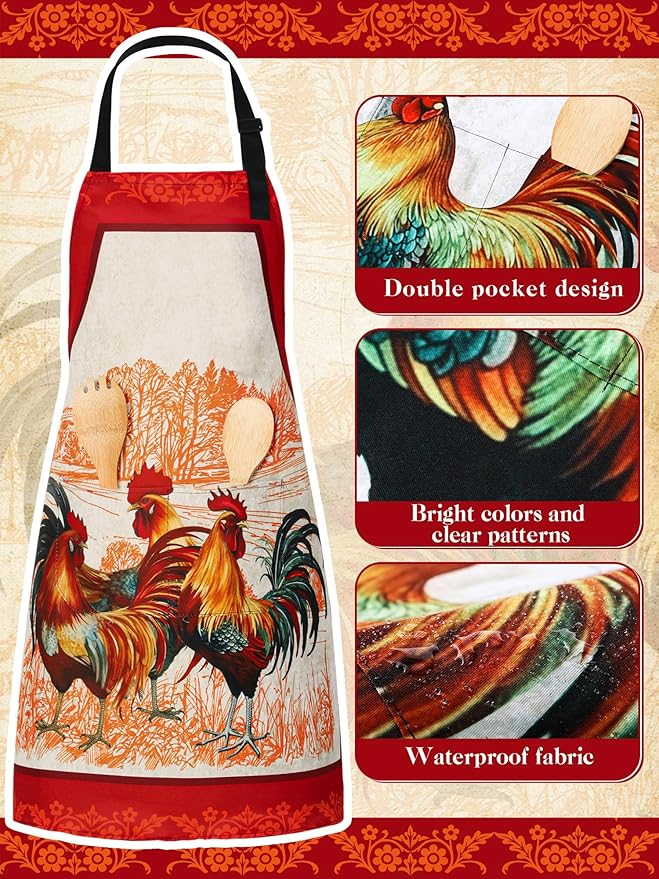 Geetery 4 Pcs Chicken Aprons for Women Rooster Print Apron Waterproof Adjustable for Kitchen Cooking