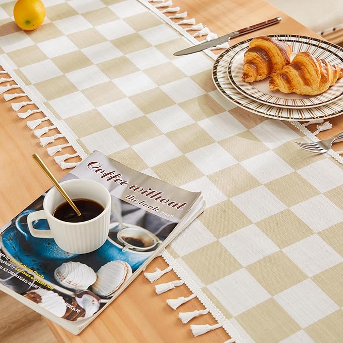 Ohocut Beige Checkered Table Runner with Tassel Farmhouse Rustic Vintage Aesthetic Cute Retro Cotton Linen Table Runner 72 Long for Dinning Race Party Decoration 13''x72''