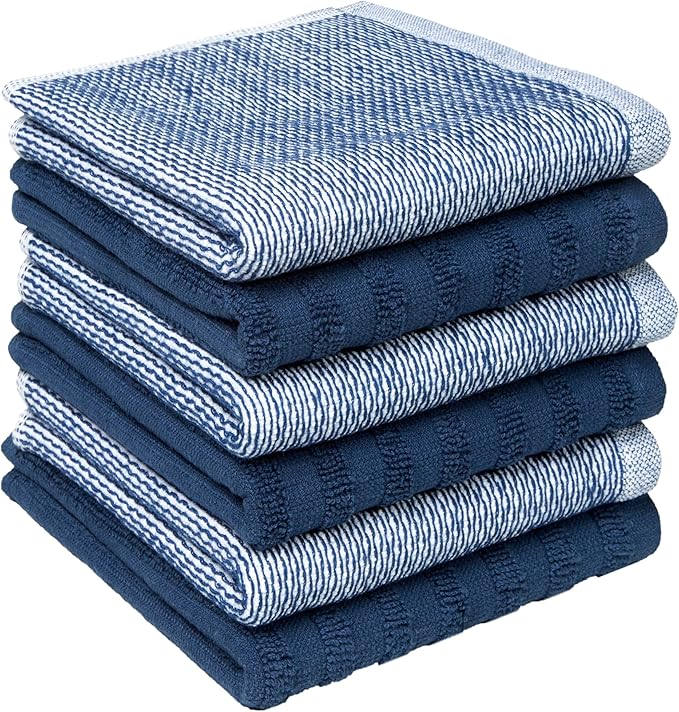 Bumble Premium Dish Cloths 13"x13" (6 Pack) | 100% Natural Ring Spun Cotton | 400 GSM | Highly Absorbent & Soft |Yarn Dyed & Solid Dyed Terry Dish Cloth Set - Blue
