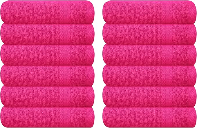 GLAMBURG Ultra Soft 12-Piece Washcloths Set 13x13-100% Ringspun Cotton - Durable & Highly Absorbent Face Towels - Ideal for use in Bathroom, Kitchen, Gym, Spa & General Cleaning - Hot Pink