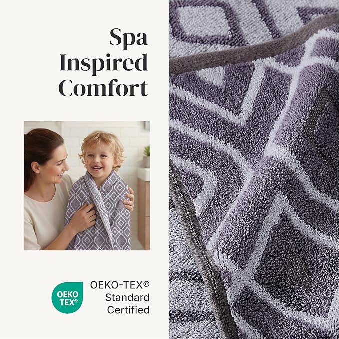 Modern Threads Classic Diamond 6-Piece 100% Cotton Towel Set – Yarn Dyed Jacquard – Includes 2 Bath Towels, 2 Hand Towels, 2 Washcloths – Absorbent, Quick Dry, Soft & Durable – Purple