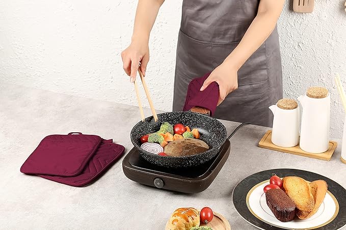 Oven Pot Holder with Pocket Cotton Heat Resistant Coaster Potholder Kitchen Hot Pad Oven Mitts for Cooking Square 7"x9"Set of 5 (Burgundy red, 5)
