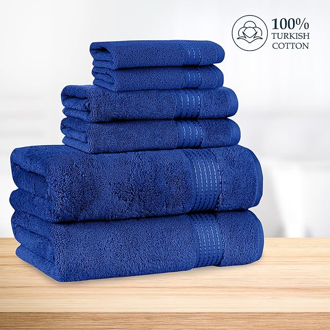 Mocassi Luxury 100% Turkish Cotton 6-Piece Towel Set - Ultra Soft, Quick Dry Highly Absorbent Premium Spa Hotel Quality Bath Towels, Includes 2 Bath Towels, 2 Hand Towels and 2 Washcloths, Royal Blue