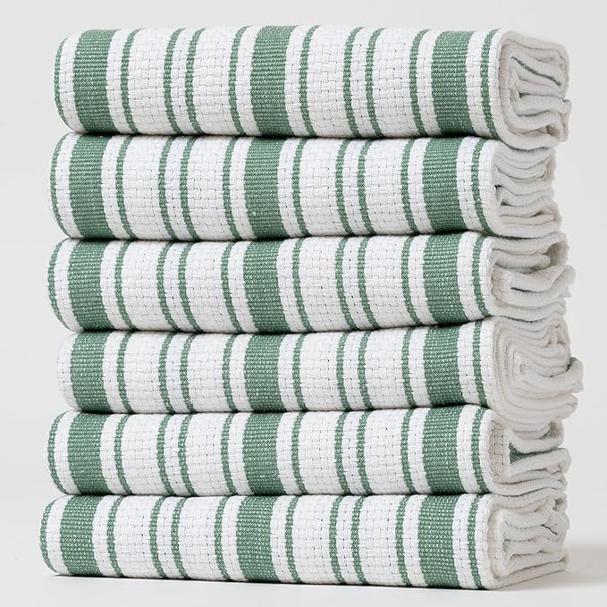 Kitchen Towels Set – Pack of 6 (20’’ x 30’’) Extra Large Premium Cotton Dish Towels for Kitchen – Basket Weave Towels – Absorbent – 100% Cotton – with Hanging Loop – Green