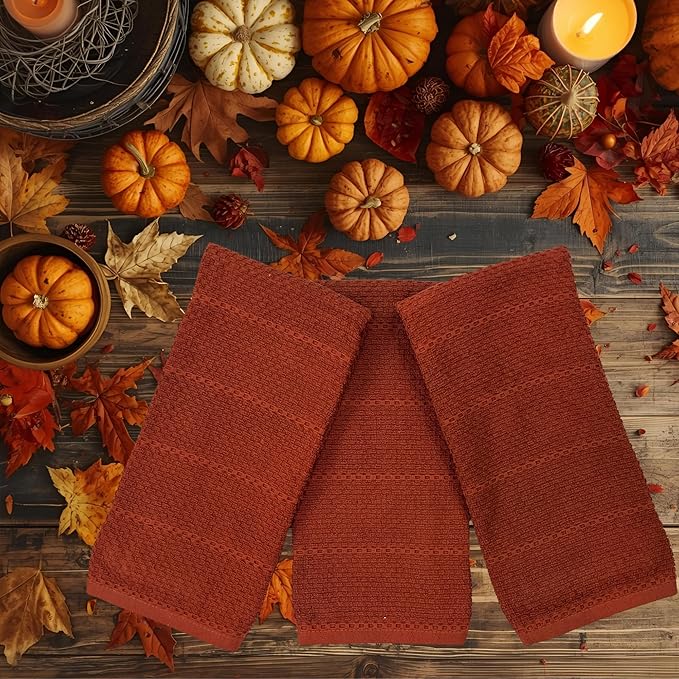 Maroon Rust Cinnamon Kitchen Hand Dish Towels: Oversized 28" x 18",100% Cotton Cloth Soft Cleaning Drying Absorbent Textured Design, Set of 3 Multipurpose for Everyday Use (Cinnamon Textured)