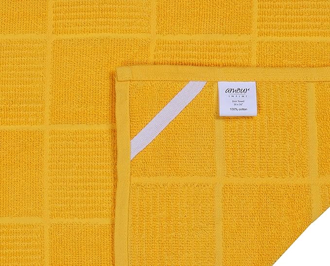 AMOUR INFINI Kitchen Towels Pack of 4, Terry Cotton Dish Towels, Ultra Absorbent, Quick Drying Hand & Tea Towels, Soft Durable Cleaning Cloths with Hanging Loop, 16 x 26 Inch (Yellow)
