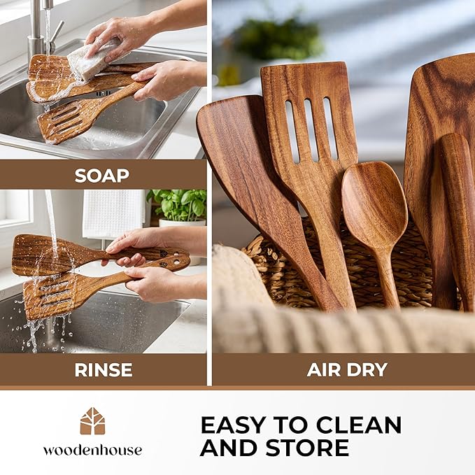 Wooden Spatula for Cooking - Non-Scratch, Sturdy, Natural Teak Cooking Utensils - Easy to Clean Wooden Spatula Set with Turner, Scraper, Slotted & Frying Wood Spatulas, Jar Scraper, Spoonula - 6 Pcs
