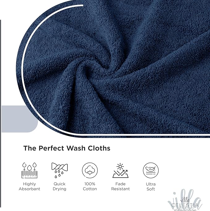 100% Cotton Wash Cloth for face & Body Set of 12, (12 x 12 inches) Sustainable, Soft, Highly Absorbent, Combed Cotton Wash Cloths Pack of 12 for Hotels, Spa, Bathroom, Dorm, Navy Blue