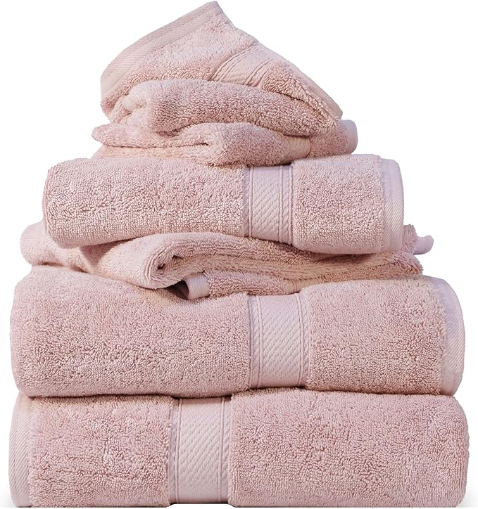 SUPERIOR Egyptian Cotton Pile 6 Piece Towel Set, Includes 2 Bath, 2 Hand, 2 Face Towels/Washcloths, Ultra Soft Luxury Towels, Thick Plush Essentials, Guest Bath, Spa, Hotel Bathroom, Tea Rose