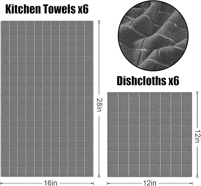 Homaxy Microfiber Kitchen Towels and Dishcloths Set, 20 Pack Soft and Absorbent Dish Hand Towels Bulk, 28 x 16 Inch & 12 x 12 Inch Quick Drying Rags for Washing Dishes, Grey