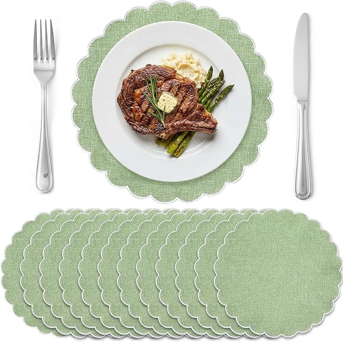 Set of 12 Sage Green Cotton Placemats 15 Inch Round Scalloped Embroidery Placemats Washable Double Layered Rustic Table Mat Fabric Napkins for Wedding Table Decor