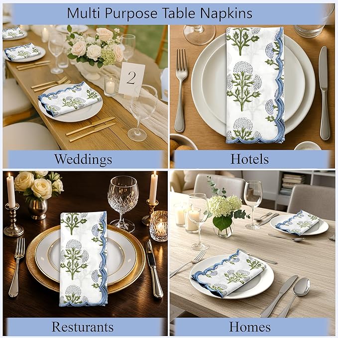 Ridhi Hand Block Print Mughal Buta Blue 18" x 18" (Set of 4) EmbrioEmbroidery Table Napkins Reusable Cotton Dinner Napkins for Weddings, Parties, Everyday Dining Gift for Spring, Easter, Valentine