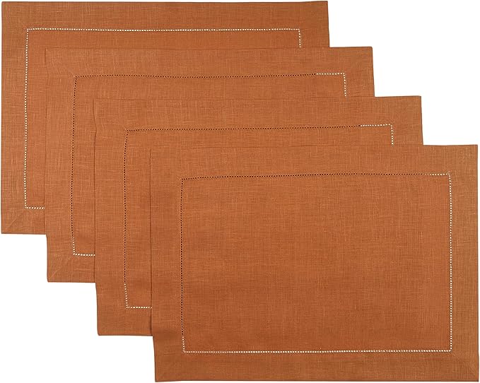 D'Moksha Homes Rust Linen Placemats Set of 4 - Classic Hemstitch Placemats 14 x 19 Inch - 100% Pure Linen Table Mats for Spring - Handcrafted and Machine Washable