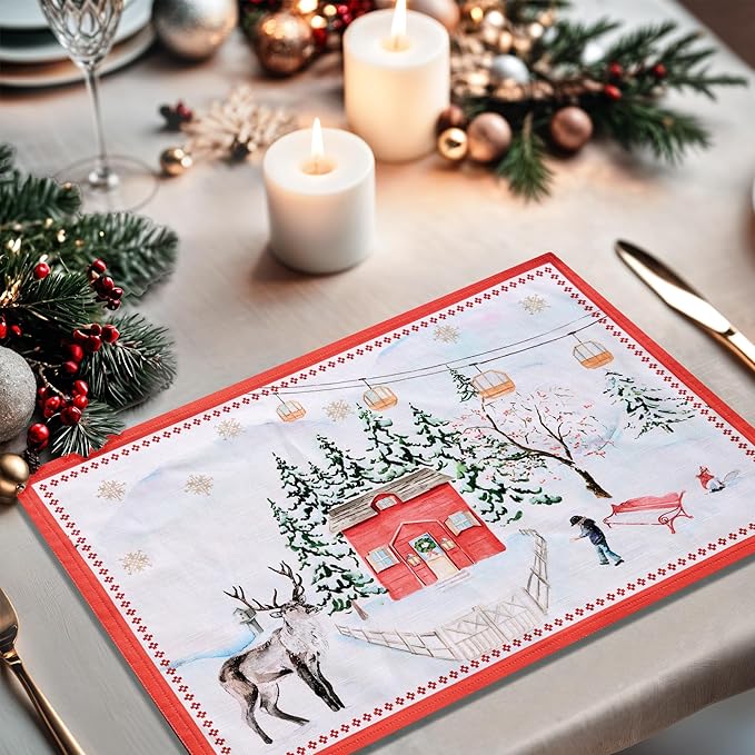 Maison d' Hermine Placemats Set of 4 100% Cotton Washable Cloth Place Mats, Reusable Table Mats for Thanksgiving Christmas Decorations Kitchen Dining Party Wedding (Rural Christmas, 13" x 19")