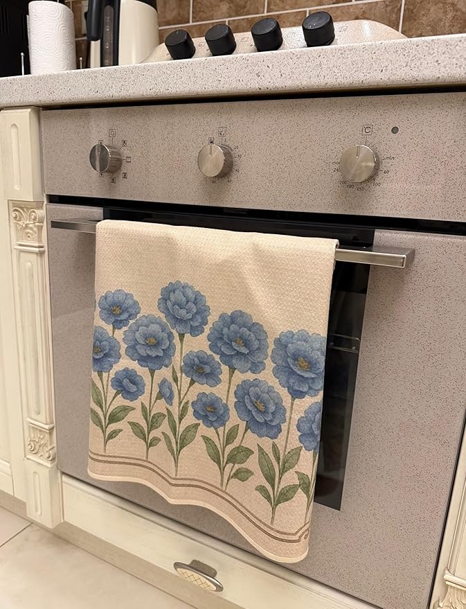 Easter Gift Kitchen Microfiber Waffle Tea Towels Set of 2 Absorbent & Fast Drying Dish Cloths for Cleaning,Vintage Floral Herbs Boho,Decorative Hand Towels for Bathroom, 20x28" (Vintage Blue Flower)