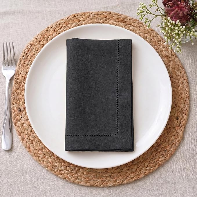 Palisa Charcoal Cotton Napkins Set of 4 | Premium Hemstitch Detailing Cloth Dinner Napkins 18x18 Inch | Soft Washable & Reusable Table Napkins for Everyday Use Weddings Parties Restaurants & Hotels