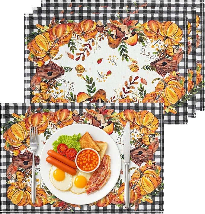 Bloss Thanksgiving Placemats Set of 4 Pumpkin Leaves Fall Placemats,Autumn Decorations Clearance,12x18Inch Plaid Place Mats,Thanksgiving Kitchen Dining Table Place mats for Fall Decorations