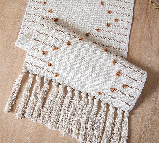 Boho Table Runner 13 x 108 Inch Long Natural Cotton Woven Runner with Tassels for Home Dining Table décor, for Modern Farmhouse Decor Coffee Table Runner, Brown and Beige