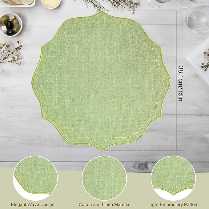 Set of 4 Cotton Linen Placemats, 15x15 Round Scalloped Cloth Table Mats, Embroidery Machine Washable, Wrinkle Resistance Fabric Place Mats for Wedding Summer Baby Shower Party Table Decor-Green