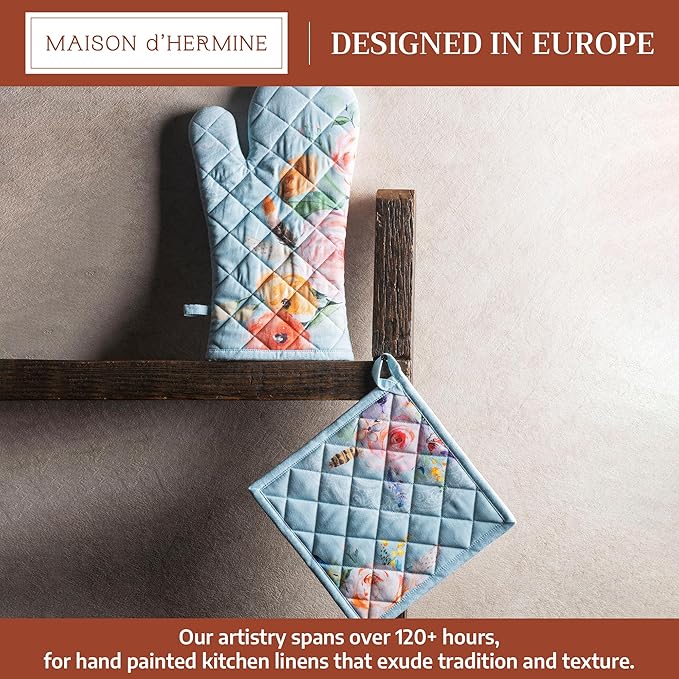 Maison d' Hermine 100% Cotton Oven Mitt & Pot Holder Set (7.5"x13" & 8"x8") Heat Resistant BBQ Cooking Gloves with Loop Baking Grilling Kitchen Gifts for Mothers Day Spring/Summer (Ibiza - Blue)