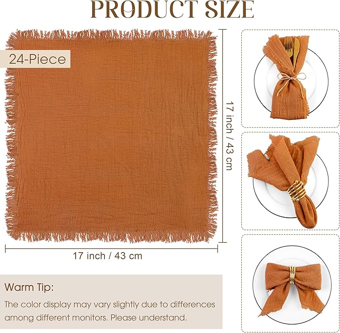 TURSTIN 24 Pieces Cotton Linen Cloth Napkin Handmade Cloth Napkin with Fringe 17 x 17 Inch Soft Dinner Wedding Napkins Square Rustic Fringe Table Napkins for Dinners, Parties, Weddings, Terracotta