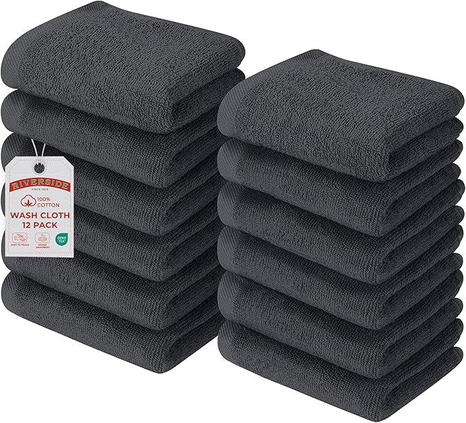 RIVERSIDE Pack of 12 Washcloths, 12 x 12 Inches, 100% Cotton, Premium Flannel Face Cloths, Highly Absorbent & Soft Feel Fingertip Towels (Charcoal Gray, 12 Pack)