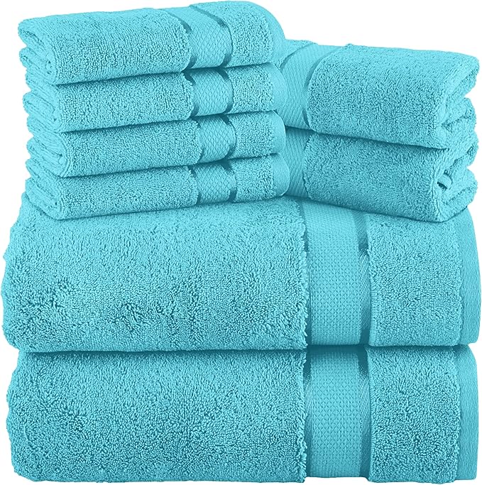 Elegant Comfort Premium Cotton 8-Piece Towel Set, Includes 4 Washcloths, 2 Hand Towels and 2 Bath Towels, 100% Turkish Cotton - Highly Absorbent and Super Soft Towels for Bathroom, Aqua