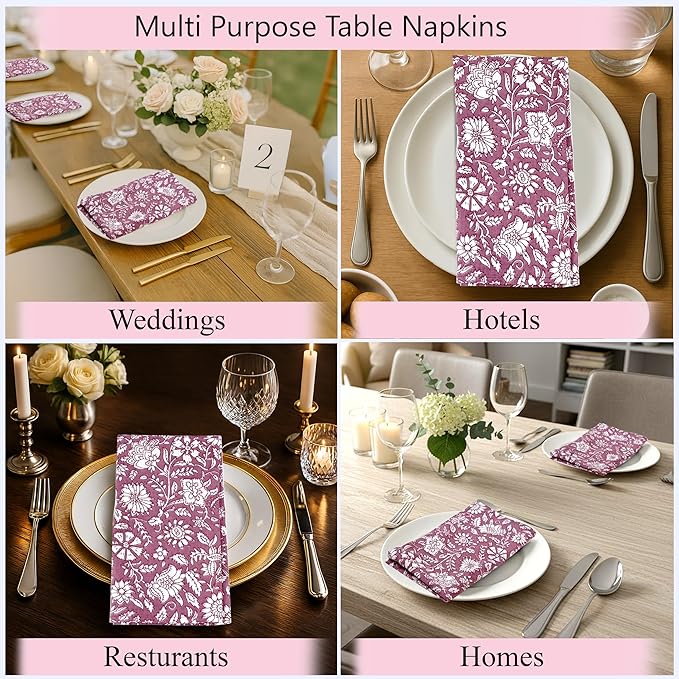 Ridhi Mauve Vine Garden Hand Block Print 100% Cotton Napkins 18" x 18" (Set of 4) Reuseable Kitchen Napkins Cloth Decor Dinner Party Wedding Cocktail Gift for Spring, Easter, Valentine