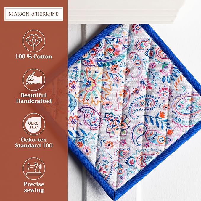 Maison d' Hermine Pot Holders 100% Cotton Heat Resistant Potholders 8" x 8" Hot Pads with Loop BBQ Cooking Baking Gifts for Mothers Day Handling Hot Pans Spring/Summer (Pack of 2, Indian Floral)