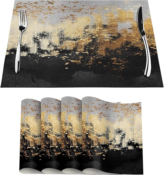 Black Gold Abstract Art Linen Placemats Set of 4, Heat Resistant Non Slip Modern Table Mats for Dining Table Kitchen Coffee Shop Wedding Party, Artistic Home Decor & Gift for Design Luxury Lovers