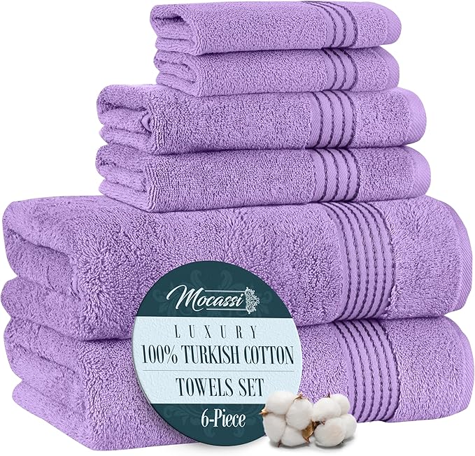 Mocassi Luxury 100% Turkish Cotton 6-Piece Towel Set - Ultra Soft, Quick Dry Highly Absorbent Premium Spa Hotel Quality Bath Towels, Includes 2 Bath Towels, 2 Hand Towels and 2 Washcloths, Lilac