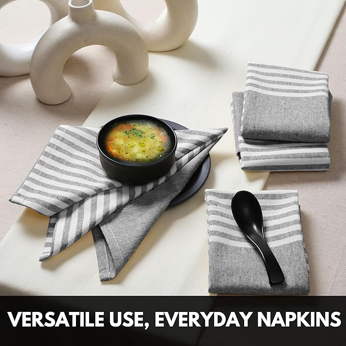 Cloth Napkins 18x18 Inches - Striped Design, 100% Cotton, Reusable & Durable Fabric Napkins for Dining, Everyday Meals, Events, Parties - Machine Washable, Set of 4, Charcoal Grey
