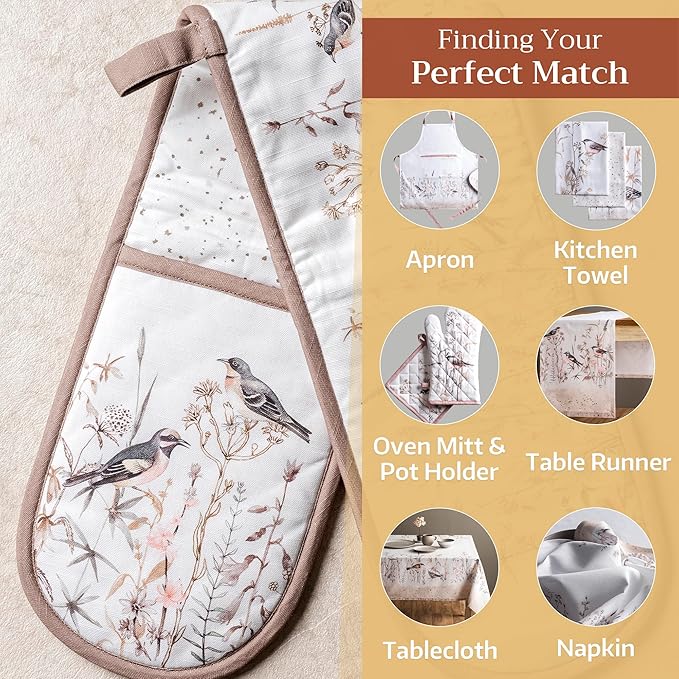 Maison d' Hermine Double Oven Mitts 100% Cotton 7"x35" Double Oven Mitt Heat Resistant BBQ Cooking Gloves with Loop Baking Grilling Gifts for Mothers Day Spring Summer (Meadow Florals - Brown)