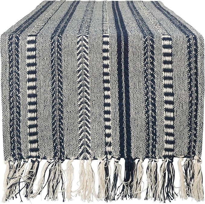 DII Farmhouse Braided Stripe Table Runner Collection, 15x72 (15x77, Fringe Included), Navy Blue